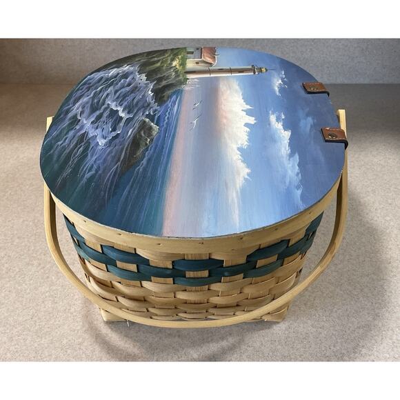 Wooden Woven Wicker Picnic Basket With Beautiful Hand Painted Sea Scape - Picture 4 of 12